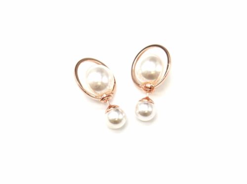 Boucles-dOreilles-Traversantes-Double-Perles-Ecru-avec-Contour-Cercle-Metal-Or-Rose