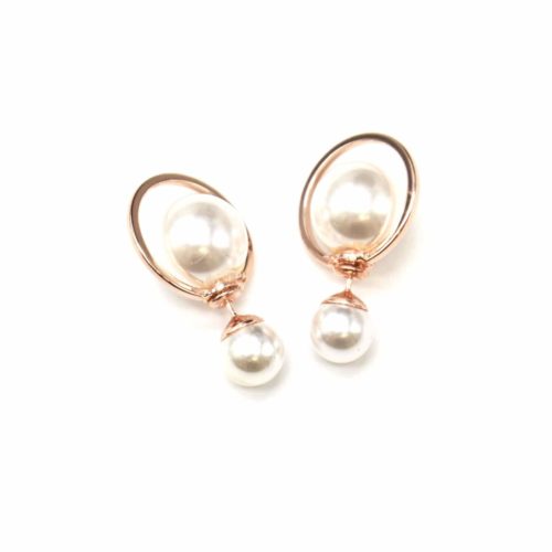 Boucles-dOreilles-Traversantes-Double-Perles-Ecru-avec-Contour-Cercle-Metal-Or-Rose