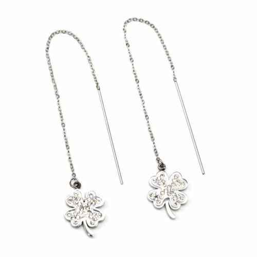 Boucles-dOreilles-Traversantes-Fine-Chaine-Acier-Argente-et-Trefle-Strass