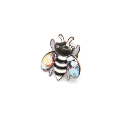 Mini-Broche-Pins-Abeille-Metal-Peint-Noir-avec-Rayures-et-Metal-Argente