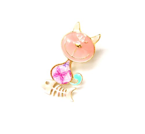 Mini-Broche-Pins-Chat-Metal-Peint-Corail-avec-Aretes-Poisson-et-Metal-Dore