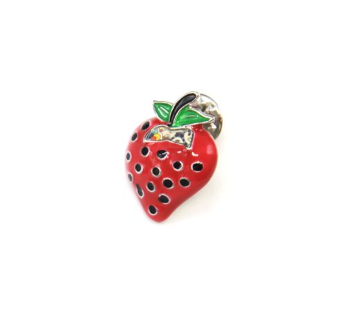 Mini-Broche-Pins-Fraise-Metal-Peint-Rouge-avec-Grains-Noir-et-Metal-Argente