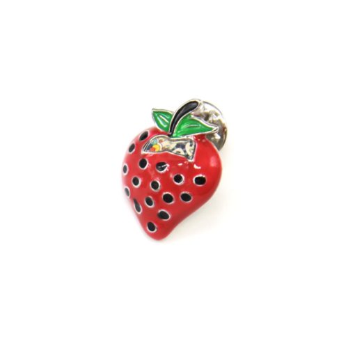 Mini-Broche-Pins-Fraise-Metal-Peint-Rouge-avec-Grains-Noir-et-Metal-Argente