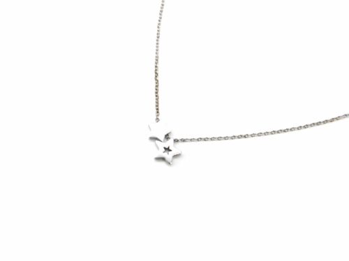 Collier-Fine-Chaine-Pendentif-Double-Mini-Etoiles-Acier-Argente