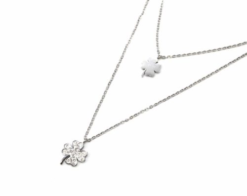 Collier-Double-Chaine-Pendentif-Trefles-Acier-Argente-et-Strass