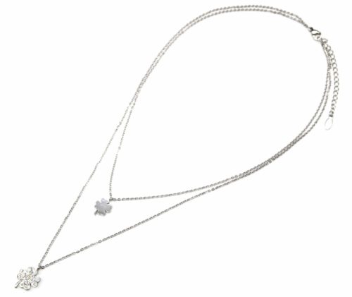 Collier-Double-Chaine-Pendentif-Trefles-Acier-Argente-et-Strass