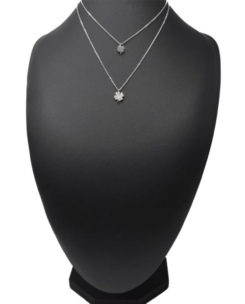 Collier-Double-Chaine-Pendentif-Trefles-Acier-Argente-et-Strass