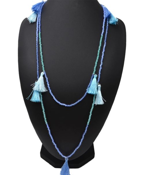 Sautoir-Collier-Double-Tour-Perles-Brillantes-et-Pierres-avec-Charms-Pompons-Fils-Bleu