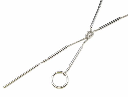 Sautoir-Collier-Chaine-avec-Pendentif-Y-Noeud-Tubes-et-Cercle-Creux-Metal-Argente