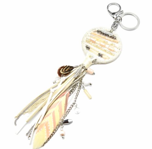 Porte-Cles-Bijou-de-Sac-Attrape-Reves-Dreamcatcher-Contour-Brillant-avec-Perles-Franges-Feutrine-et-Plumes-Ethnique-Ecru