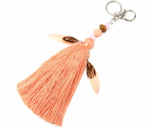 Porte-Cles-Bijou-de-Sac-Pompon-Fils-Corail-avec-Pierres-Perles-et-Plumes-Ethnique