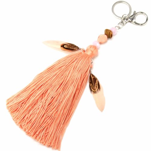 Porte-Cles-Bijou-de-Sac-Pompon-Fils-Corail-avec-Pierres-Perles-et-Plumes-Ethnique