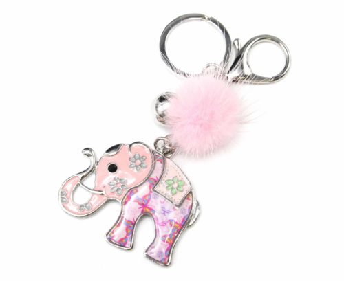 Porte-Cles-Bijou-de-Sac-Elephant-Metal-Peint-Rose-Motif-Paisley-et-Fleurs-avec-Pompon-Fourrure