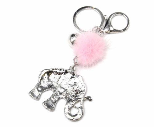 Porte-Cles-Bijou-de-Sac-Elephant-Metal-Peint-Rose-Motif-Paisley-et-Fleurs-avec-Pompon-Fourrure