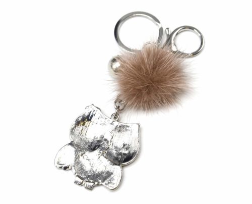 Porte-Cles-Bijou-de-Sac-Chouette-Metal-Peint-Taupe-avec-Papillon-et-Pompon