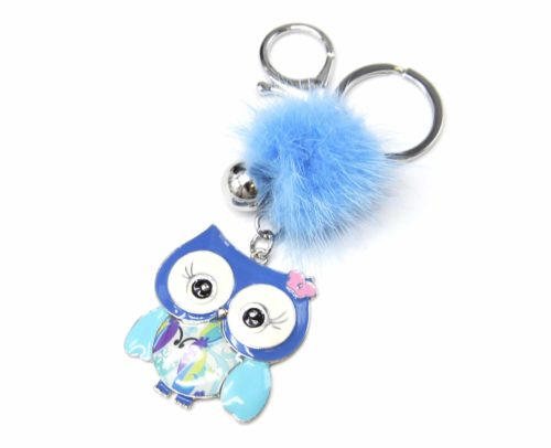 Porte-Cles-Bijou-de-Sac-Chouette-Metal-Peint-Bleu-avec-Papillon-et-Pompon