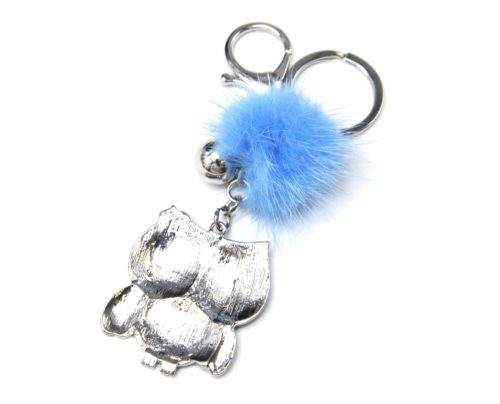 Porte-Cles-Bijou-de-Sac-Chouette-Metal-Peint-Bleu-avec-Papillon-et-Pompon