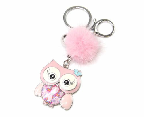 Porte-Cles-Bijou-de-Sac-Chouette-Metal-Peint-Rose-avec-Papillon-et-Pompon