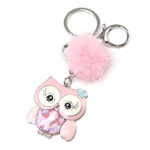 Porte-Cles-Bijou-de-Sac-Chouette-Metal-Peint-Rose-avec-Papillon-et-Pompon