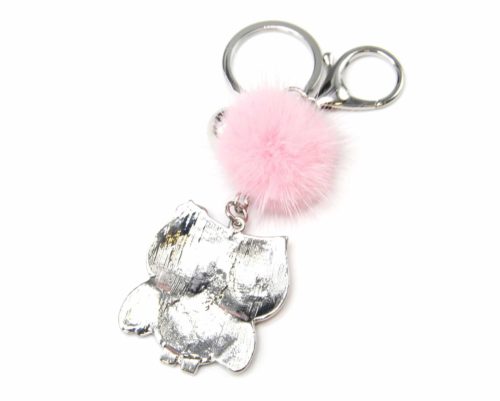 Porte-Cles-Bijou-de-Sac-Chouette-Metal-Peint-Rose-avec-Papillon-et-Pompon