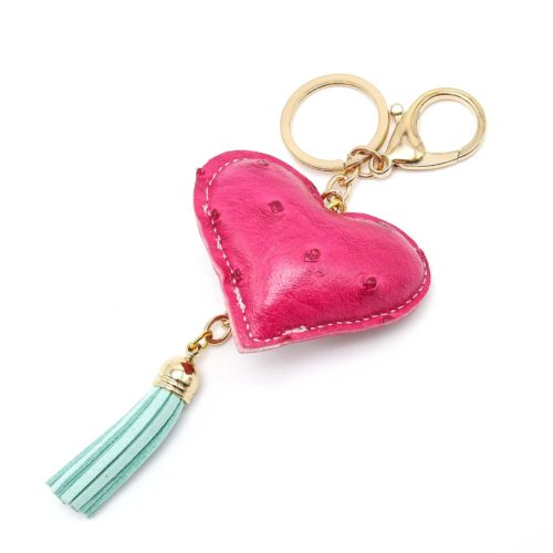 Porte-Cles-Bijou-de-Sac-Coeur-Simili-Cuir-Rose-Fonce-et-Pompon-Bleu-Pale