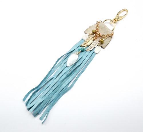 Porte-Cles-Bijou-de-Sac-Franges-Ethnique-Indien-Bleu-avec-Chaine-de-Charms