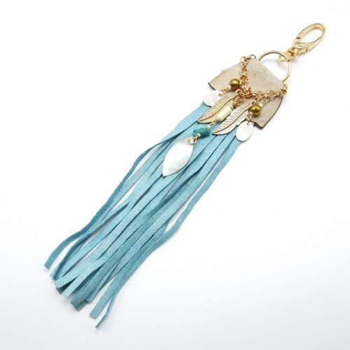 Porte-Cles-Bijou-de-Sac-Franges-Ethnique-Indien-Bleu-avec-Chaine-de-Charms