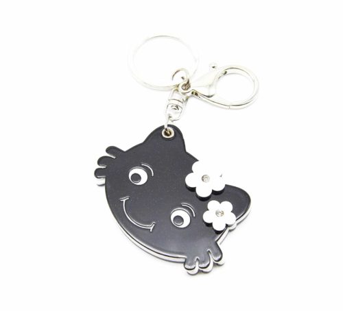 Porte-Cles-Bijou-de-Sac-Miroir-de-Poche-Tete-Chat-avec-Fleurs-NoirBlanc