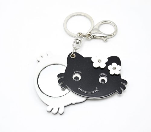 Porte-Cles-Bijou-de-Sac-Miroir-de-Poche-Tete-Chat-avec-Fleurs-NoirBlanc