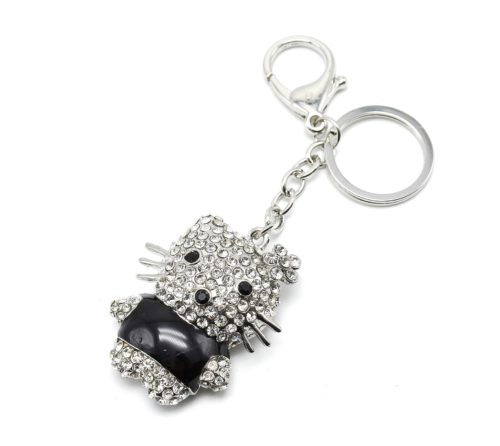 Porte-Cles-Bijou-de-Sac-Chat-Strass-Argente-avec-Haut-Noir