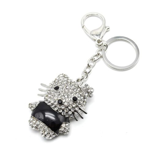 Porte-Cles-Bijou-de-Sac-Chat-Strass-Argente-avec-Haut-Noir