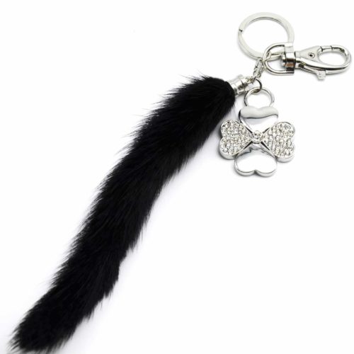 Porte-Cles-Bijou-de-Sac-Trefle-Strass-Argente-et-Pompon-Fourrure-Synthetique-Noir