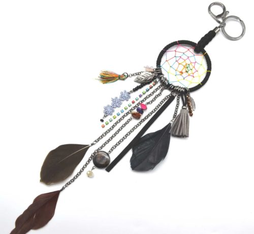 Porte-Cles-Bijou-de-Sac-Attrape-Reves-Dreamcatcher-avec-Charms-et-Plumes-Ethnique-Noir