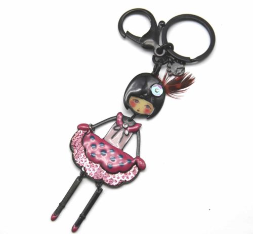 Porte-Cles-Bijou-de-Sac-Poupee-Fille-Articulee-avec-Robe-Pois-et-Sequins-Rose