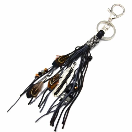 Keychains-Jewel-de-Sac-Multi cords-beads-and-feathers-ethnic-black