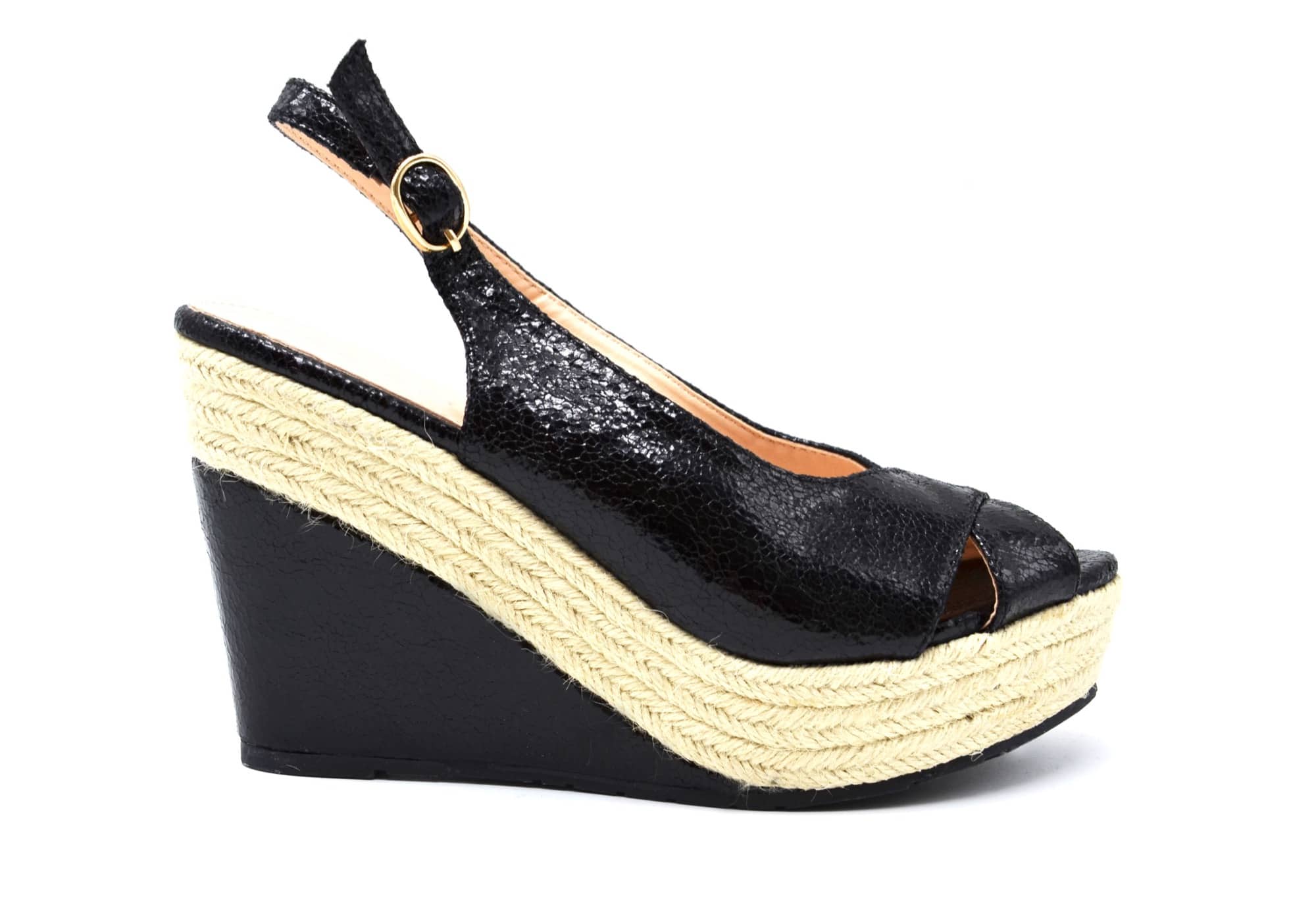 SHT41 Sandales Espadrilles Plateforme Compensee avec Brides Croisees Effet Graine Brillant Noir