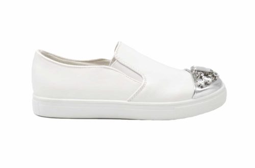 Baskets-Slip-On-Sneakers-Simili-Cuir-avec-Bout-Metallise-Argente-et-Multi-Pierres-Blanc