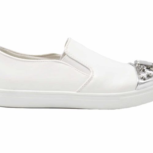 Baskets-Slip-On-Sneakers-Simili-Cuir-avec-Bout-Metallise-Argente-et-Multi-Pierres-Blanc