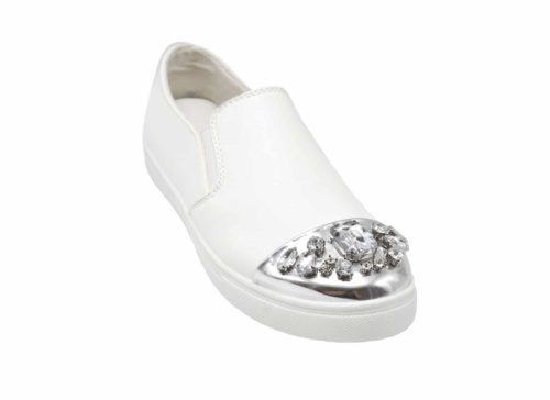 Baskets-Slip-On-Sneakers-Simili-Cuir-avec-Bout-Metallise-Argente-et-Multi-Pierres-Blanc