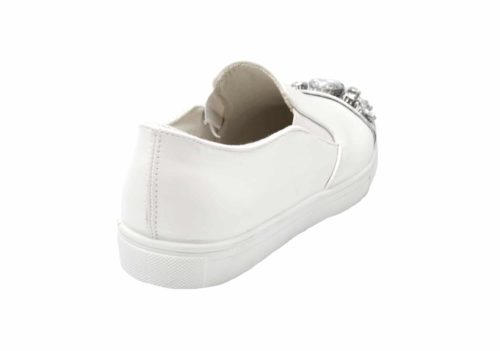 Baskets-Slip-On-Sneakers-Simili-Cuir-avec-Bout-Metallise-Argente-et-Multi-Pierres-Blanc