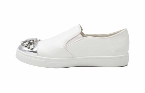 Baskets-Slip-On-Sneakers-Simili-Cuir-avec-Bout-Metallise-Argente-et-Multi-Pierres-Blanc