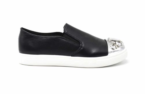 Baskets-Slip-On-Sneakers-Simili-Cuir-avec-Bout-Metallise-Argente-et-Multi-Pierres-Noir