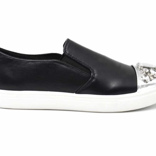 Sneakers-slip-on-sneakers-imitation-leather-with-end-metallic-silver-and-Multi-Pierres-Black