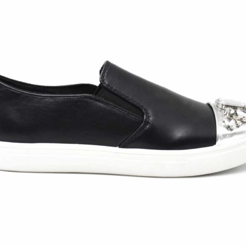 Baskets-Slip-On-Sneakers-Simili-Cuir-avec-Bout-Metallise-Argente-et-Multi-Pierres-Noir