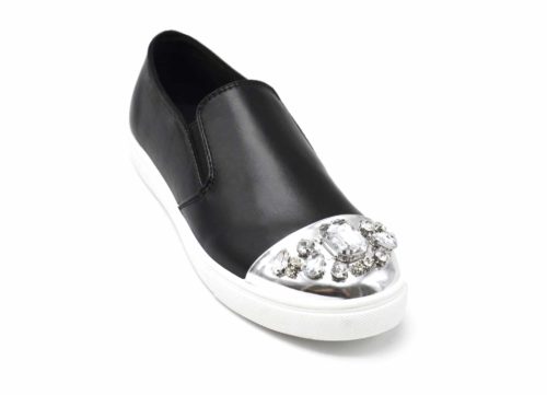 Baskets-Slip-On-Sneakers-Simili-Cuir-avec-Bout-Metallise-Argente-et-Multi-Pierres-Noir