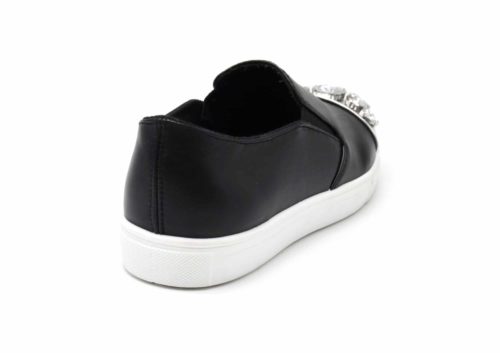 Baskets-Slip-On-Sneakers-Simili-Cuir-avec-Bout-Metallise-Argente-et-Multi-Pierres-Noir