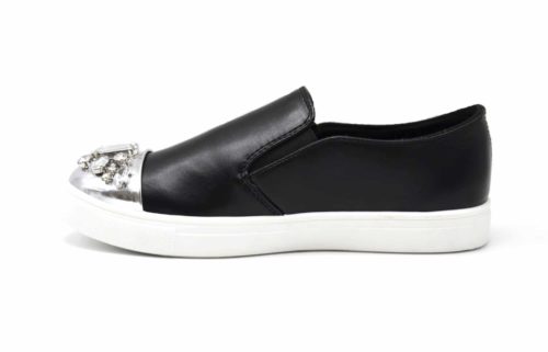 Baskets-Slip-On-Sneakers-Simili-Cuir-avec-Bout-Metallise-Argente-et-Multi-Pierres-Noir