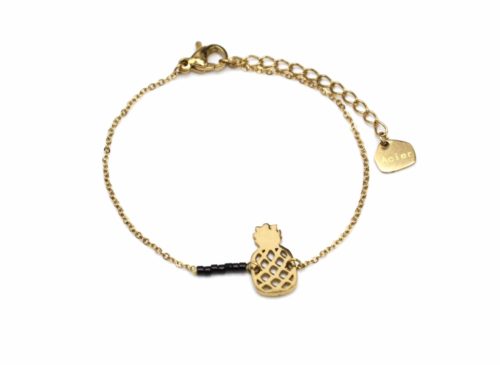 Bracelet-Fine-Chaine-avec-Ananas-Ajoure-Acier-Dore-et-Perles-Rocaille-Noir