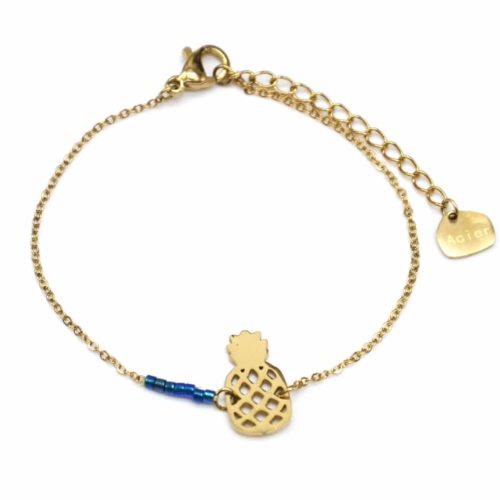 Bracelet-Fine-Chaine-avec-Ananas-Ajoure-Acier-Dore-et-Perles-Rocaille-Bleu-Marine