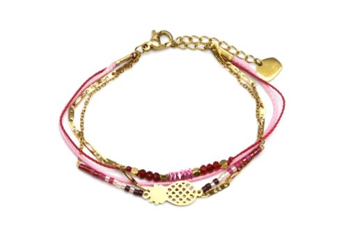 Bracelet-Multi-Rangs-Chaine-Maillons-Pierres-et-Perles-Roses-avec-Ananas-Acier-Dore
